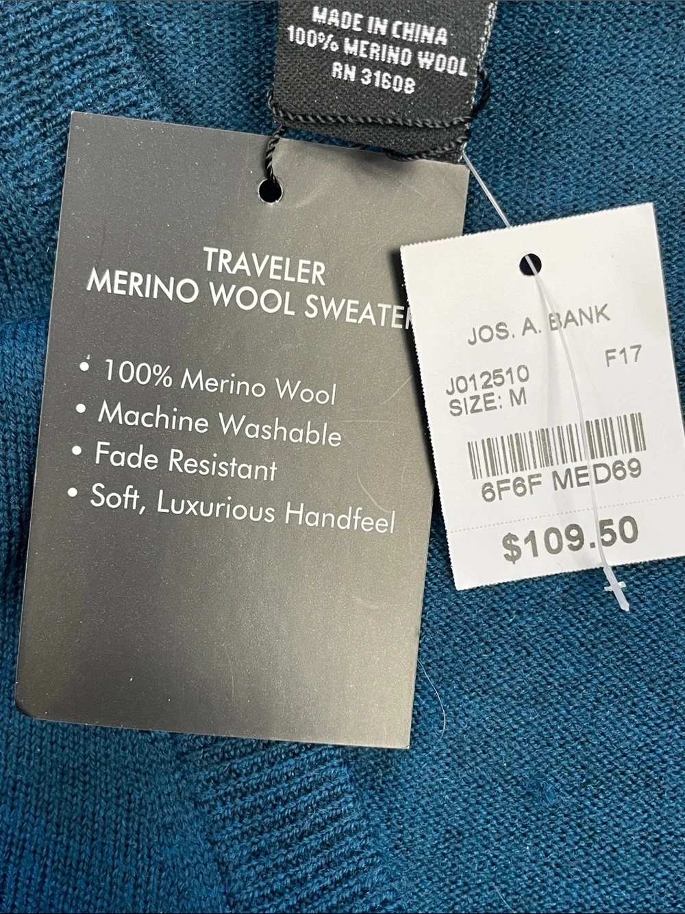 NWT JoS A Bank Traveler Merino Wool Sweater V Neck Blue Sz M